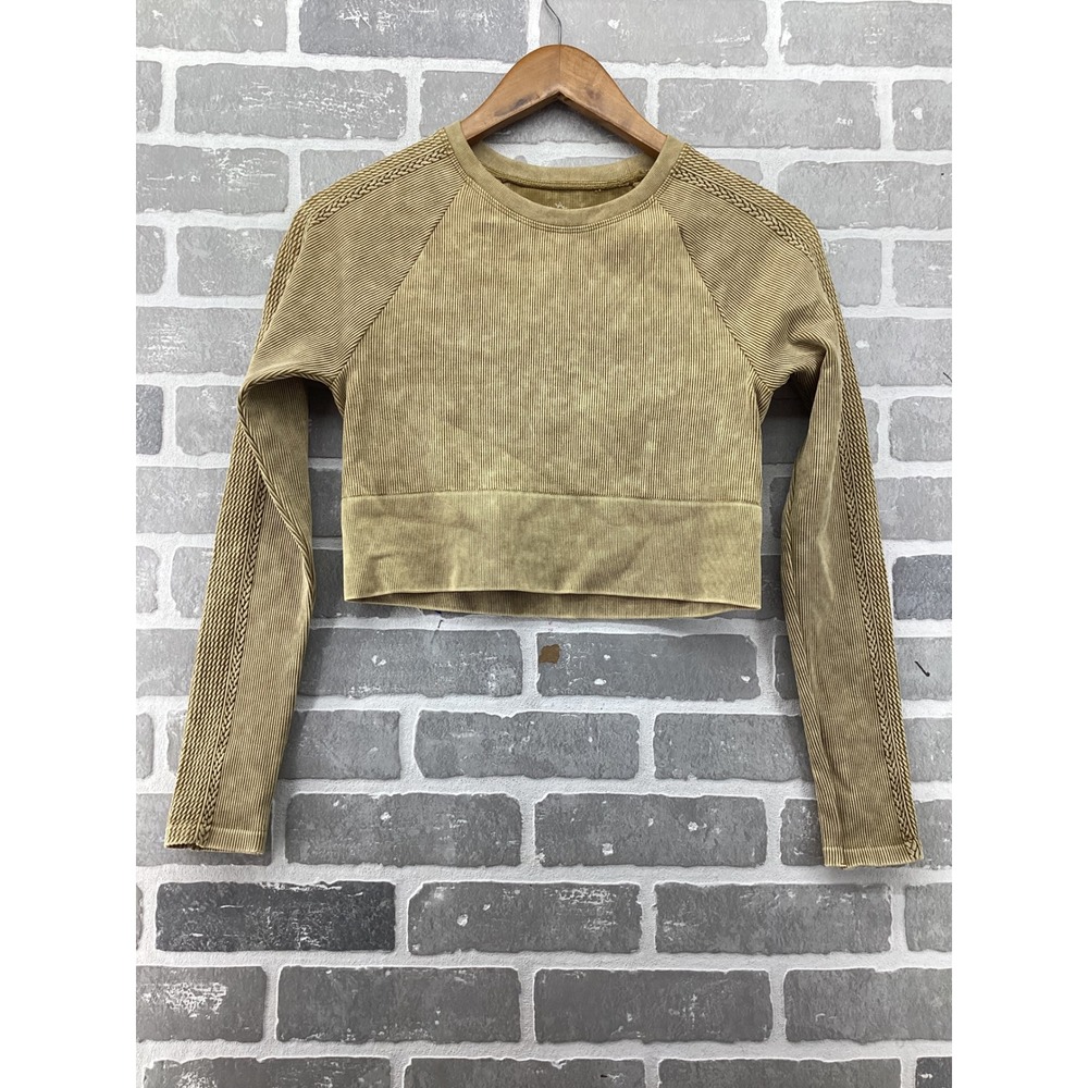 Offline by Aerie Seamless Ribbed Crop Top Long Sleeve Washed Olive Green Medium